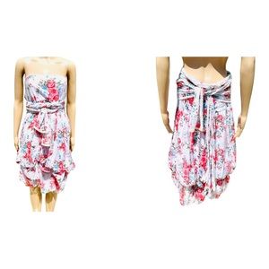 Floral boho strapless dress or skirt with layered ruffle and wrap belt.